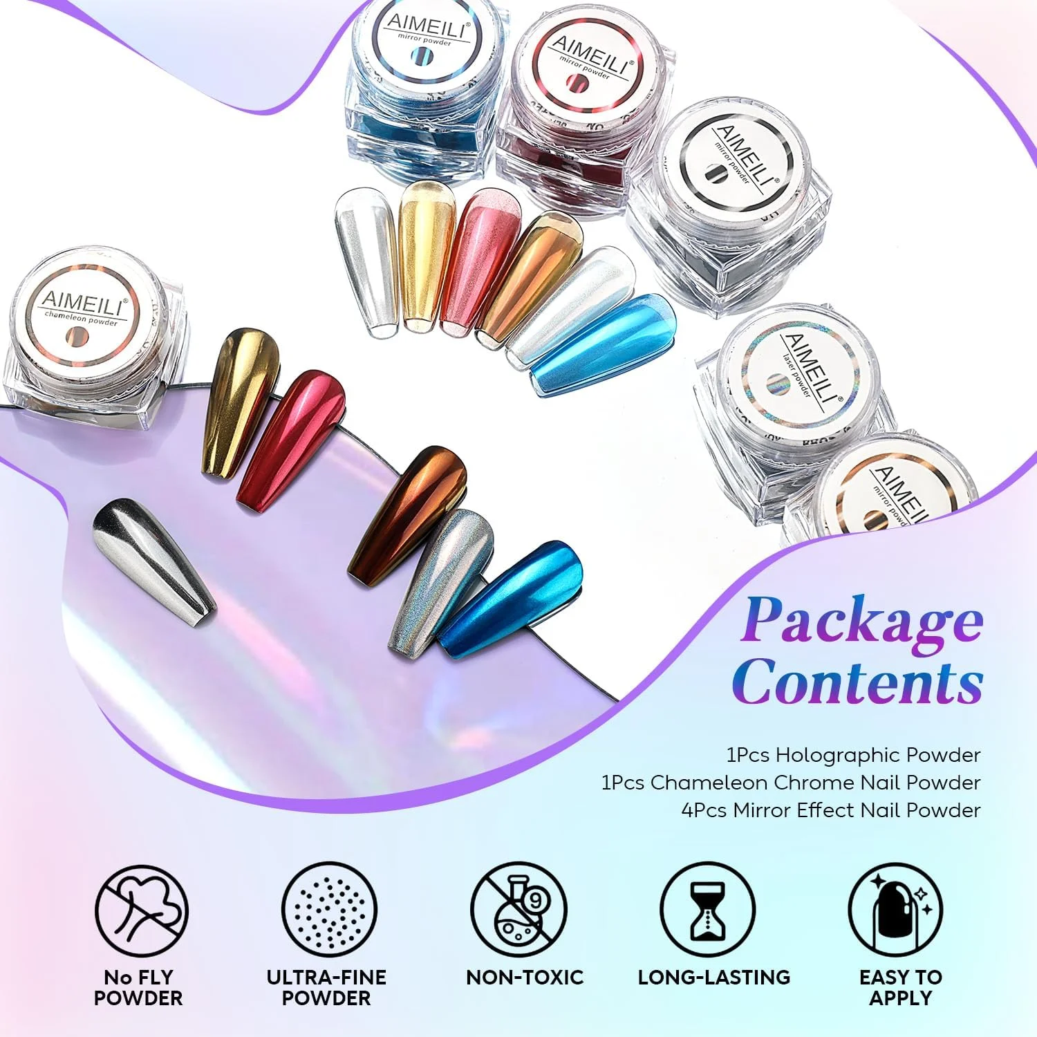 ست پودر آینه ای طراحی ناخن AIMEILI، 6 جعبه، پودر اکلیل کروم ناخن، پودر لیزری براق، کیت مانیکور پودر ناخن هولوگرافیک آفتاب پرست ست پودر آینه ای طراحی ناخن AIMEILI، 6 جعبه، پودر اکلیل کروم ناخن، پودر لیزری براق، کیت مانیکور پودر ناخن هولوگرافیک آفتاب پرست