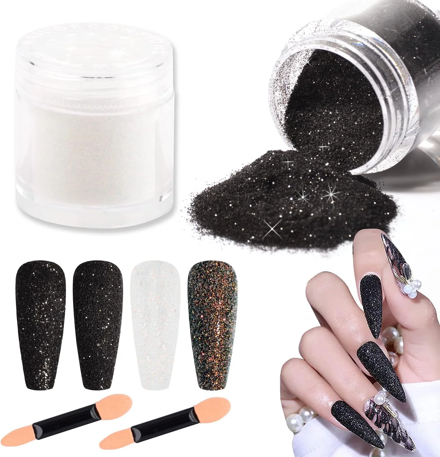پودر اکلیل ناخن سفید مشکی BAIYIYI، 2 شیشه پودر اکلیل پوشش آب نباتی با جلوه شکر درخشان، تزئین ناخن DIY، نکات مانیکور، صنایع دستی آرایشی با اپلیکاتورهای اسفنجی پودر اکلیل ناخن سفید مشکی BAIYIYI، 2 شیشه پودر اکلیل پوشش آب نباتی با جلوه شکر درخشان، تزئین ناخن DIY، نکات مانیکور، صنایع دستی آرایشی با اپلیکاتورهای اسفنجی
