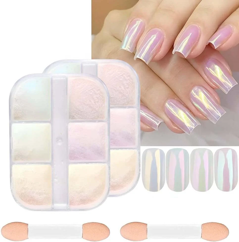 پودر ناخن کروم آزونی، رنگدانه اثر آینه ای متالیک، پودر میکا مرواریدی رنگین کمانی کروم، پودر لیزری آینه ای شفق قطبی برای طراحی ناخن، 6 رنگ، 2 ست پودر ناخن کروم آزونی، رنگدانه اثر آینه ای متالیک، پودر میکا مرواریدی رنگین کمانی کروم، پودر لیزری آینه ای شفق قطبی برای طراحی ناخن، 6 رنگ، 2 ست