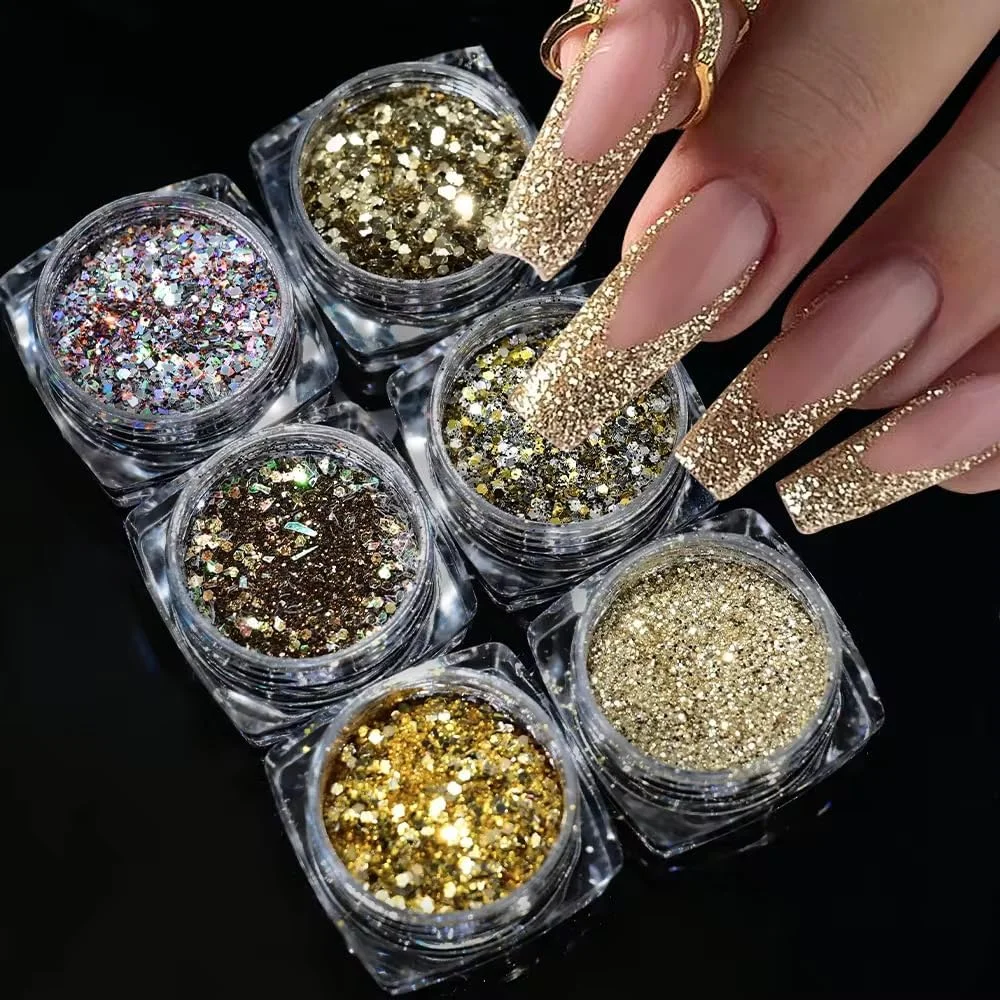 ست اکلیل ناخن هولوگرافیک Bold&beautiful، 6 جعبه پولک های درشت، پودر طلایی براق قدیمی، نکات مانیکور طراحی هنر ناخن، 8 گرم ست اکلیل ناخن هولوگرافیک Bold&beautiful، 6 جعبه پولک های درشت، پودر طلایی براق قدیمی، نکات مانیکور طراحی هنر ناخن، 8 گرم