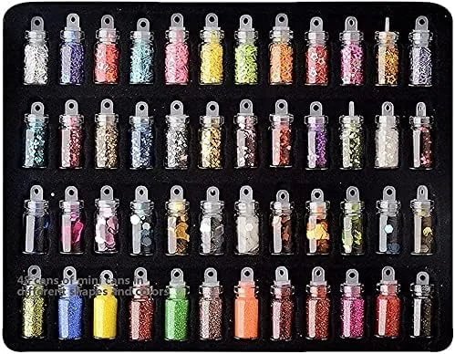 مجموعه 48 رنگ بلicia با اشکال مختلف پولک ناخن پودر اکلیلی هولوگرافی اکلیل درشت برای طراحی ناخن، صورت، بدن، چشم، مو، جشنواره، ستاره ها، شش ضلعی، پولک آینه ای شکل، کیت تزئینات DIY