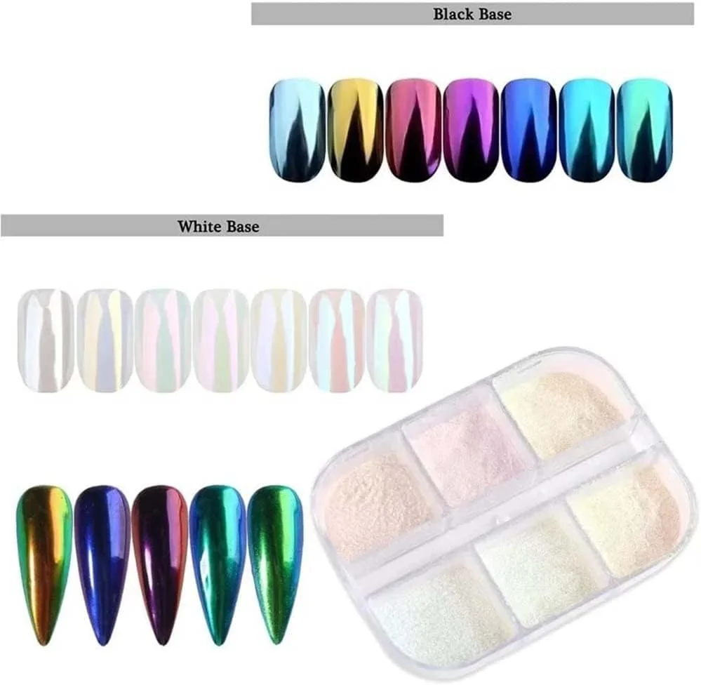 پودر ناخن کروم آزونی، رنگدانه اثر آینه ای متالیک، پودر میکا مرواریدی رنگین کمانی کروم، پودر لیزری آینه ای شفق قطبی برای طراحی ناخن، 6 رنگ، 2 ست پودر ناخن کروم آزونی، رنگدانه اثر آینه ای متالیک، پودر میکا مرواریدی رنگین کمانی کروم، پودر لیزری آینه ای شفق قطبی برای طراحی ناخن، 6 رنگ، 2 ست