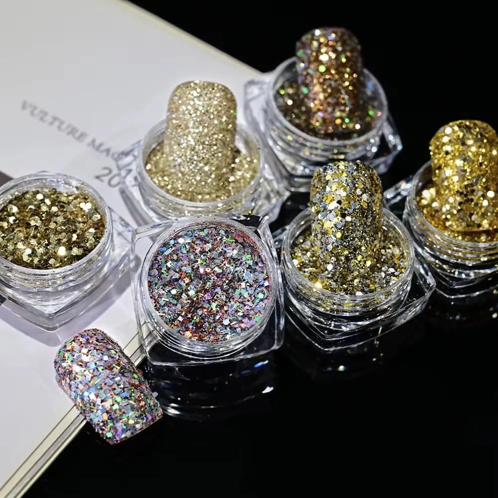 ست اکلیل ناخن هولوگرافیک Bold&beautiful، 6 جعبه پولک های درشت، پودر طلایی براق قدیمی، نکات مانیکور طراحی هنر ناخن، 8 گرم ست اکلیل ناخن هولوگرافیک Bold&beautiful، 6 جعبه پولک های درشت، پودر طلایی براق قدیمی، نکات مانیکور طراحی هنر ناخن، 8 گرم