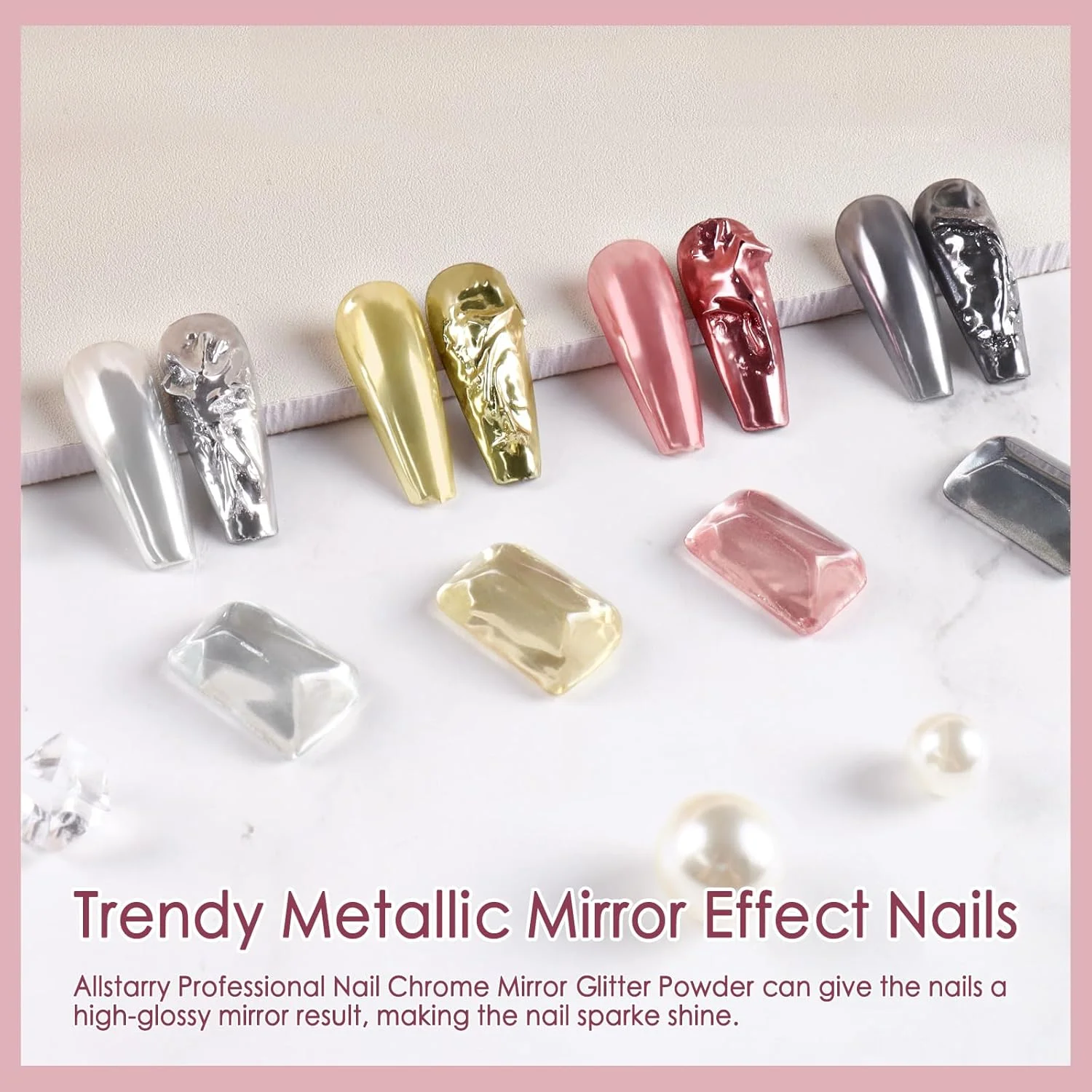 پودر کروم ناخن Allstarry، پودر جلوه آینه ای متالیک 4 رنگ، کیت پودر اکلیلی پیگمنت مانیکور هولوگرافیک برای تزئین ناخن، لاک ژل با 4 عدد قلم سایه چشم