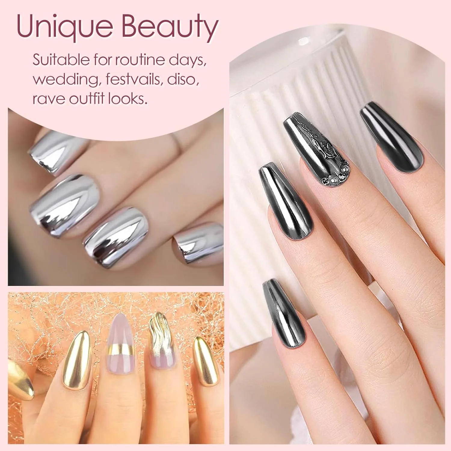 پودر کروم ناخن Allstarry، پودر جلوه آینه ای متالیک 4 رنگ، کیت پودر اکلیلی پیگمنت مانیکور هولوگرافیک برای تزئین ناخن، لاک ژل با 4 عدد قلم سایه چشم