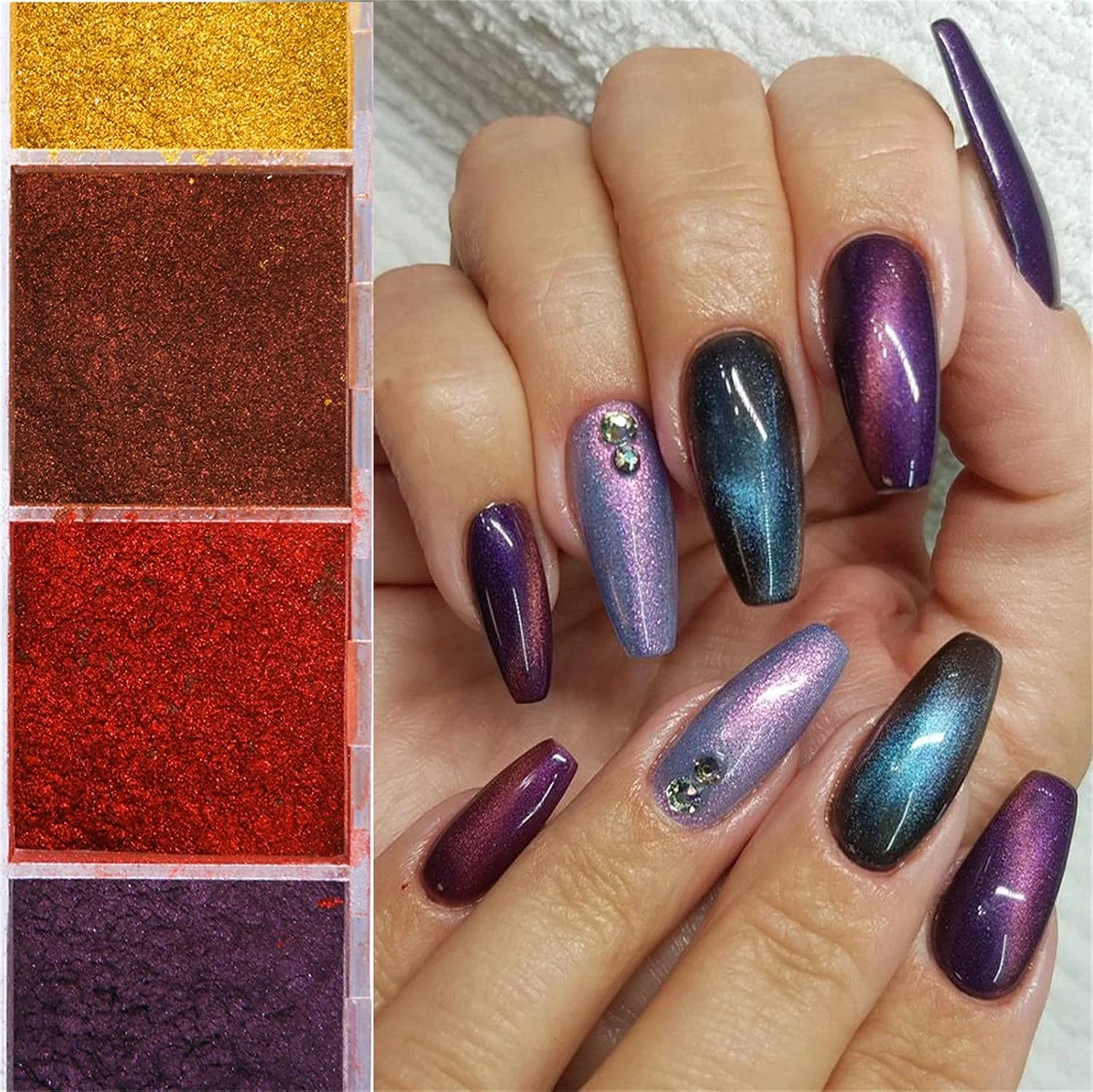 پودر درخشان ناخن آینه ای جادویی 12 رنگ با افکت چشم گربه ای سه بعدی، پودر درخشان ناخن، پودر رنگی طراحی ناخن، پیگمنت کروم تغییر رنگ (چند رنگی)