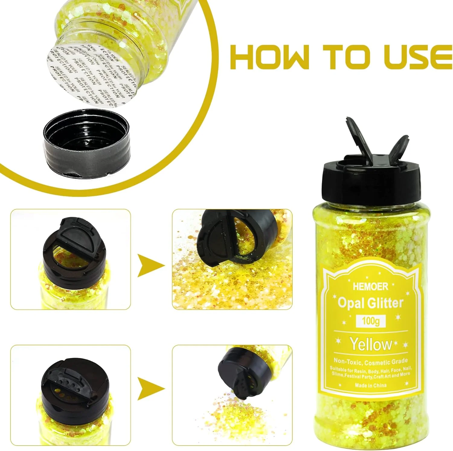 اکلیل زرد اوپال درخشان HEMOER، 100 گرم پولک ضخیم اکلیلی برای رزین، صورت، ناخن، بدن، صنایع دستی، بالم، مهمانی جشنواره، هنر، پودر اکلیل ناخن برای اکلیل
