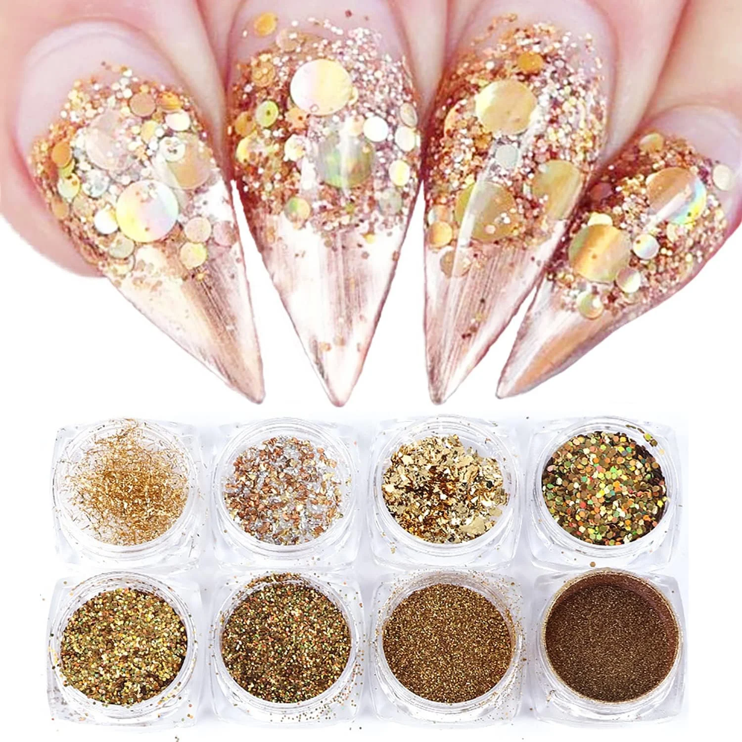 مجموعه پولک و اکلیل ناخن GOGOONLY، 8 جعبه پودر ناخن هولوگرافیک، پولک های براق متالیک برای تزئین ناخن (طلایی) - BH001002