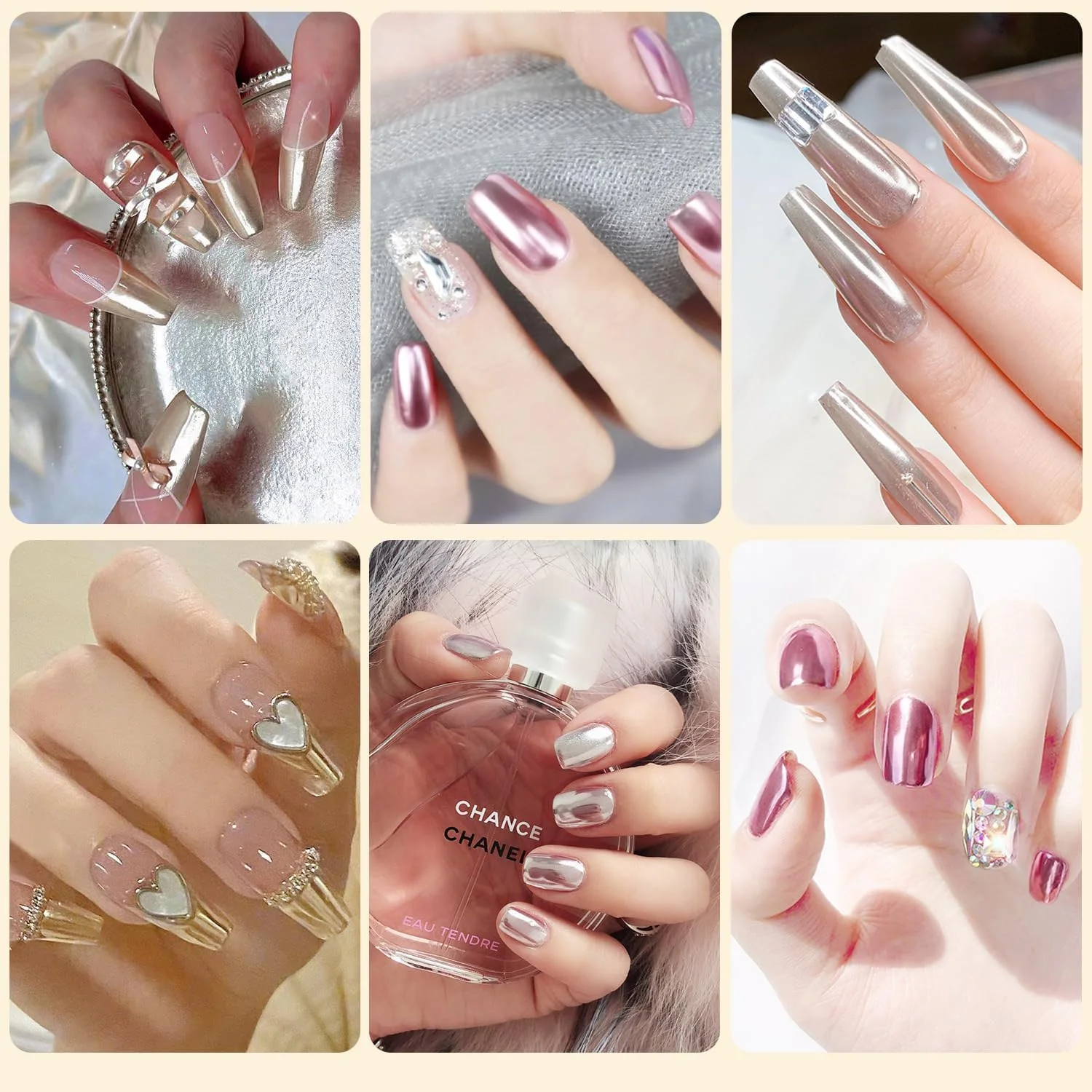 پودر ناخن کروم طلایی رز گلد GZMAYUEN، پودر اکلیل ناخن متالیک با جلوه آینه ای، طراحی دکوراسیون هنر ناخن، 6 جعبه