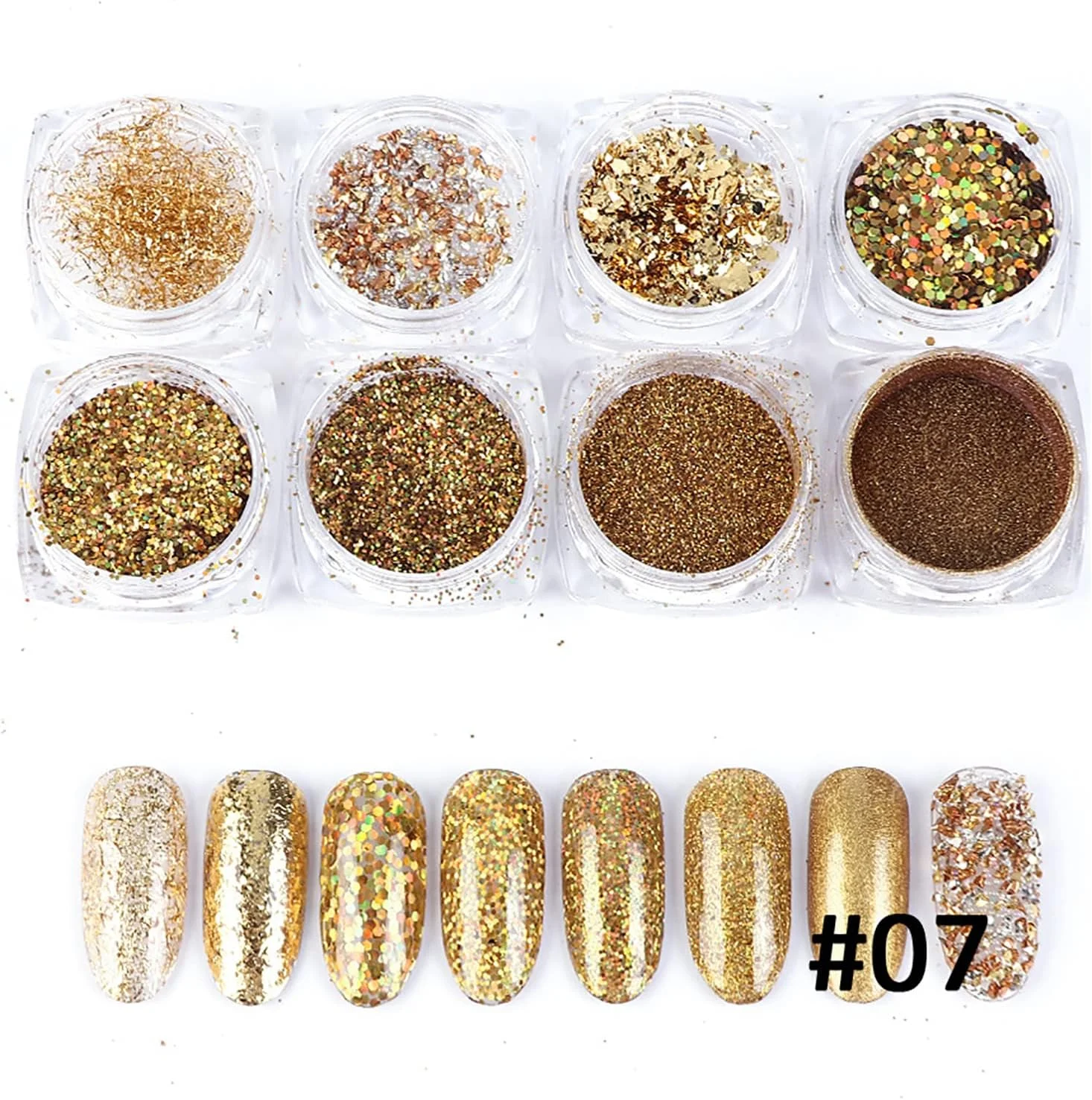 مجموعه پولک و اکلیل ناخن GOGOONLY، 8 جعبه پودر ناخن هولوگرافیک، پولک های براق متالیک برای تزئین ناخن (طلایی) - BH001002
