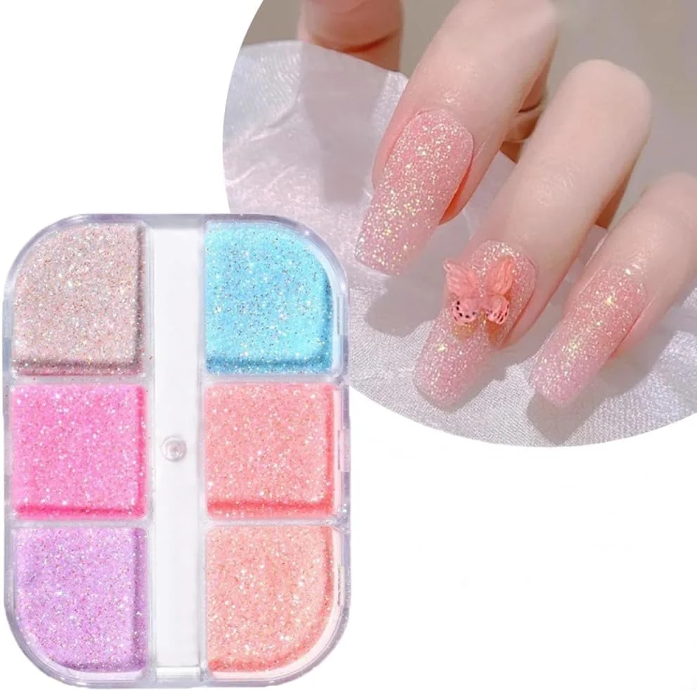 پودر ناخن درخشان S.A.V.I با قابلیت شبتابی - جعبه 6 خانهای، تزئین هنری اکلیلی شکر برای مانیکور DIY پودر ناخن درخشان S.A.V.I با قابلیت شبتابی - جعبه 6 خانهای، تزئین هنری اکلیلی شکر برای مانیکور DIY