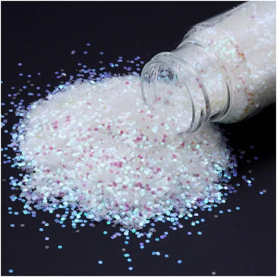 پودر اکلیل هولوگرافیک Rockreyoa، پودر اکلیل رنگارنگ، پولک های رنگین کمانی برای طراحی ناخن، صورت، بدن، صنایع دستی، طراحی دیوار - سفید 1/24