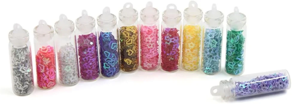 Ruilogod 1 Set 12 Colors Stars Heart Shape Glitter Dust Nails Art Powder Sequins Nail Polish Shimmer Tips Decoration