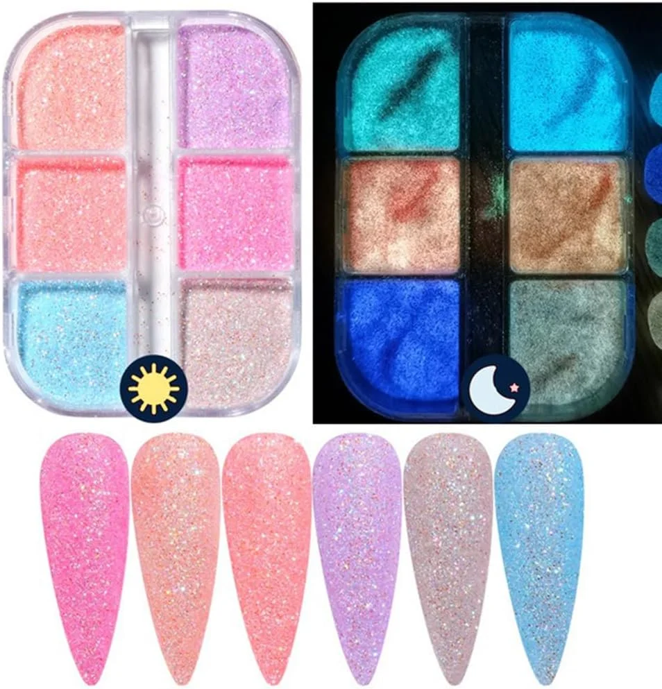 پودر ناخن درخشان S.A.V.I با قابلیت شبتابی - جعبه 6 خانهای، تزئین هنری اکلیلی شکر برای مانیکور DIY پودر ناخن درخشان S.A.V.I با قابلیت شبتابی - جعبه 6 خانهای، تزئین هنری اکلیلی شکر برای مانیکور DIY