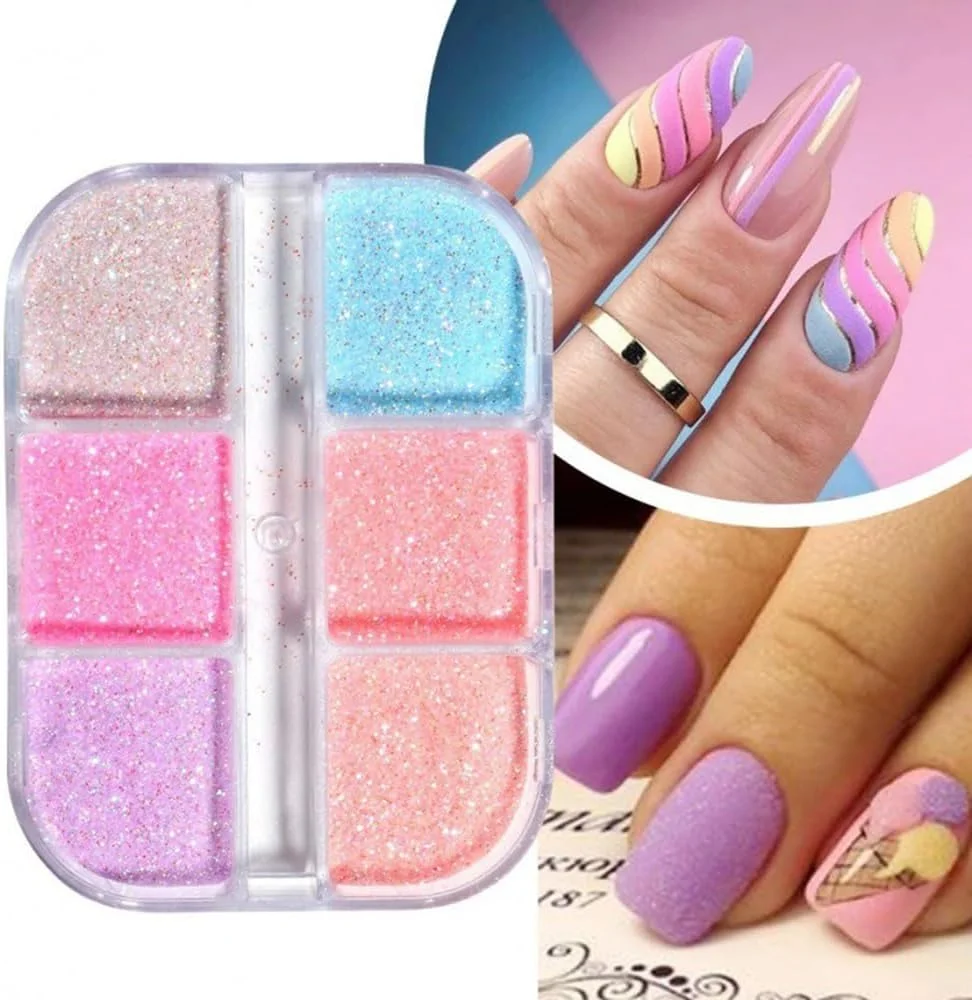 پودر ناخن درخشان S.A.V.I با قابلیت شبتابی - جعبه 6 خانهای، تزئین هنری اکلیلی شکر برای مانیکور DIY پودر ناخن درخشان S.A.V.I با قابلیت شبتابی - جعبه 6 خانهای، تزئین هنری اکلیلی شکر برای مانیکور DIY