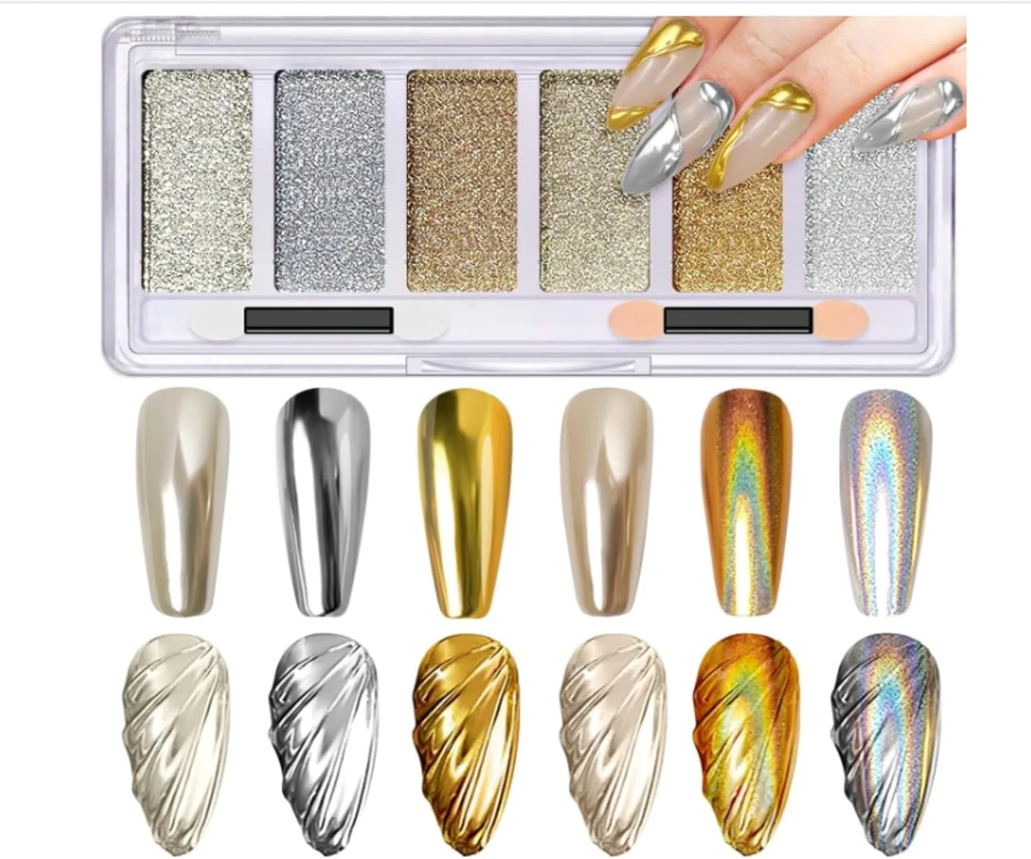 پودر کروم ناخن یلاجوی - 6 رنگ پودر پیگمنت ناخن با جلوه آینه ای متالیک، مناسب برای سالن و استفاده شخصی، شامل شامپاین صورتی، رزگلد، پودر کروم بنفش روشن به همراه اپلیکاتور برای ناخن های خیره کننده