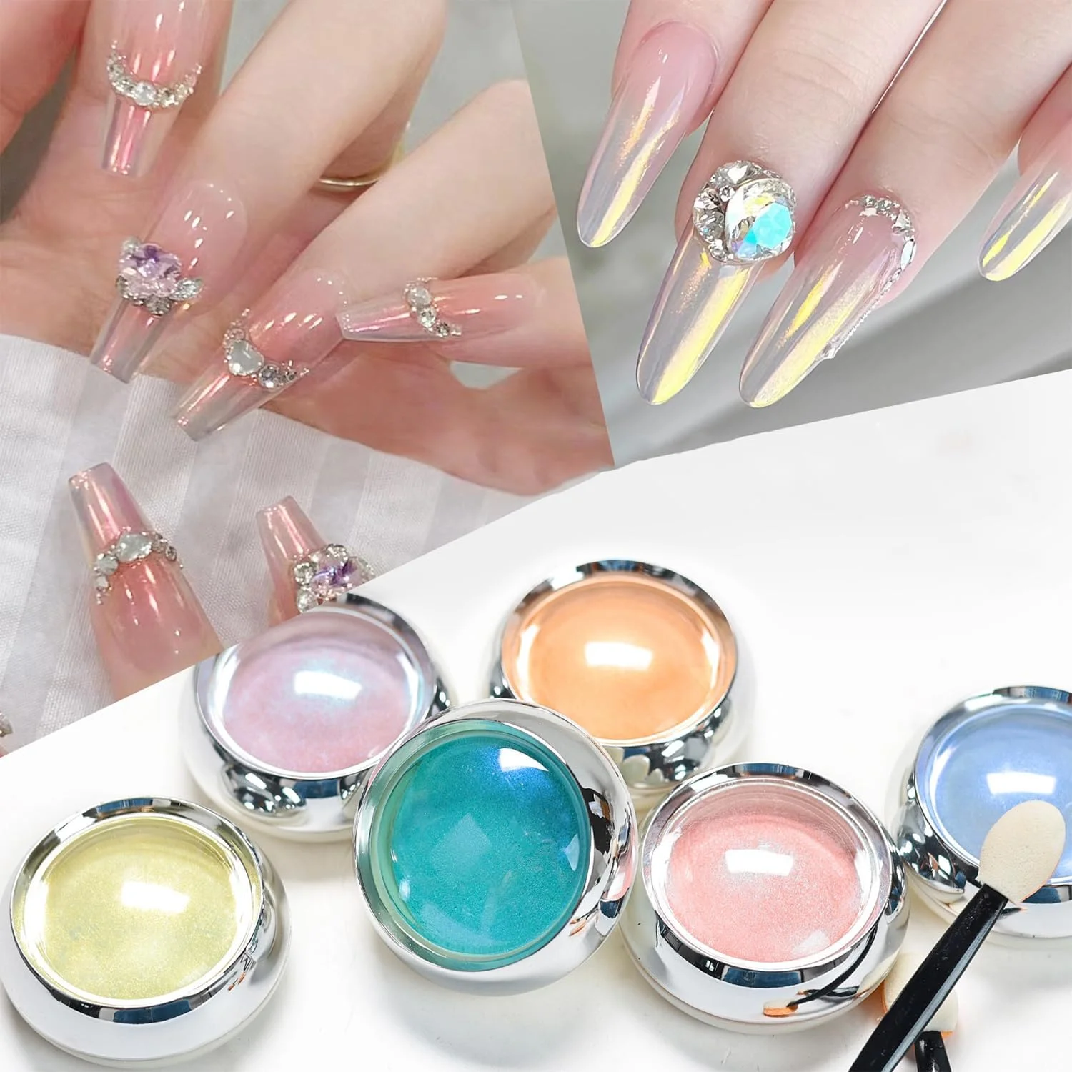 پودر ناخن کروم نئون YJUFoar، 6 عدد، جلوه آینه ای براق، پودر مرواریدی صورتی شفق قطبی هولوگرافیک برای تزئین ناخن ژلی، هنر ناخن و صنایع دستی رزینی