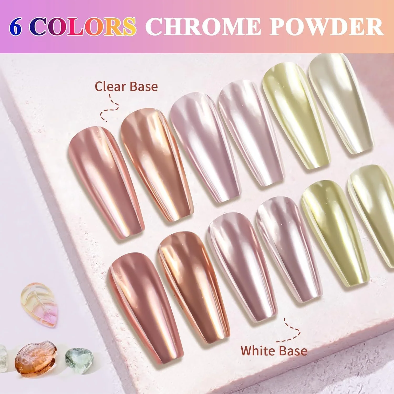 پودر کروم ناخن یلاجوی - 6 رنگ پودر پیگمنت ناخن با جلوه آینه ای متالیک، مناسب برای سالن و استفاده شخصی، شامل شامپاین صورتی، رزگلد، پودر کروم بنفش روشن به همراه اپلیکاتور برای ناخن های خیره کننده
