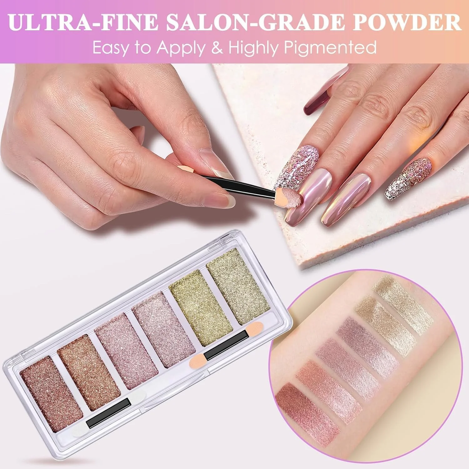 پودر کروم ناخن یلاجوی - 6 رنگ پودر پیگمنت ناخن با جلوه آینه ای متالیک، مناسب برای سالن و استفاده شخصی، شامل شامپاین صورتی، رزگلد، پودر کروم بنفش روشن به همراه اپلیکاتور برای ناخن های خیره کننده
