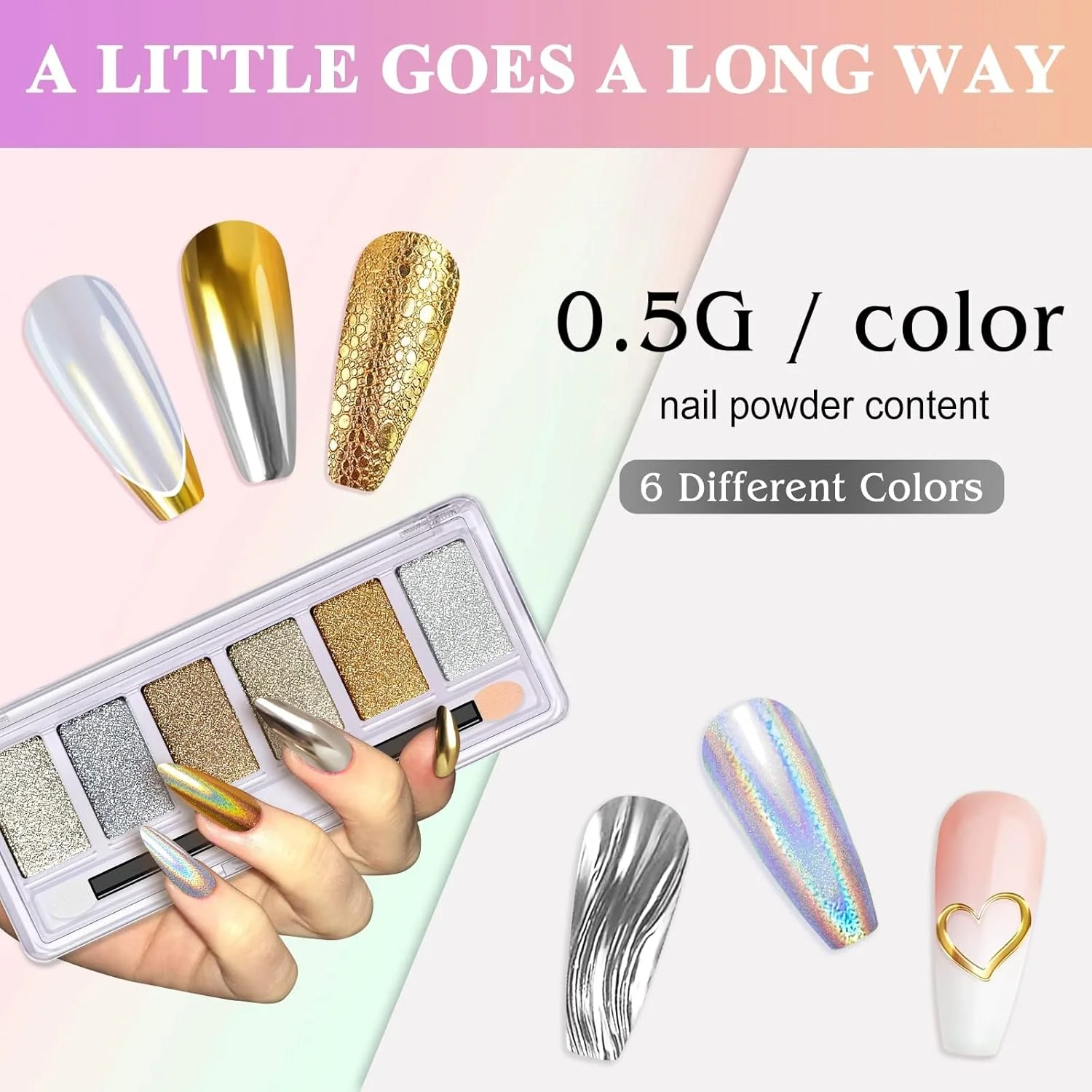 پودر کروم ناخن YHCG، پودر کروم نقره ای رنگین کمانی تک شاخ هولوگرافیک برای ناخن، 6 رنگ پودر پیگمنت براق آینه ای متالیک کروم برای هنر ناخن با اپلیکاتور برای DIY سالن، طلایی