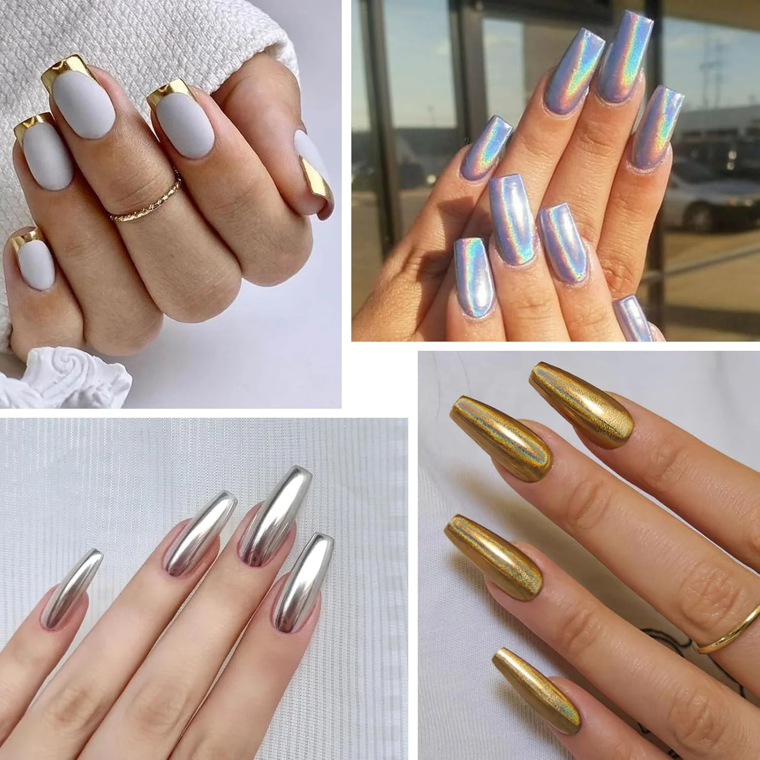 پودر ناخن کروم طلایی نقره ای، پودر کروم هولوگرافیک رنگین کمانی تک شاخ 6 رنگ برای ناخن ها، پودر پیگمنت پالت کروم هنر ناخن شامپاین طلایی روشن با جلوه متالیک آینه ای