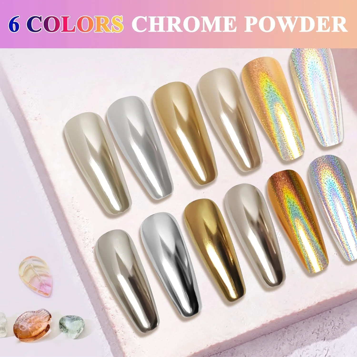 پودر ناخن کروم طلایی نقره ای، پودر کروم هولوگرافیک رنگین کمانی تک شاخ 6 رنگ برای ناخن ها، پودر پیگمنت پالت کروم هنر ناخن شامپاین طلایی روشن با جلوه متالیک آینه ای