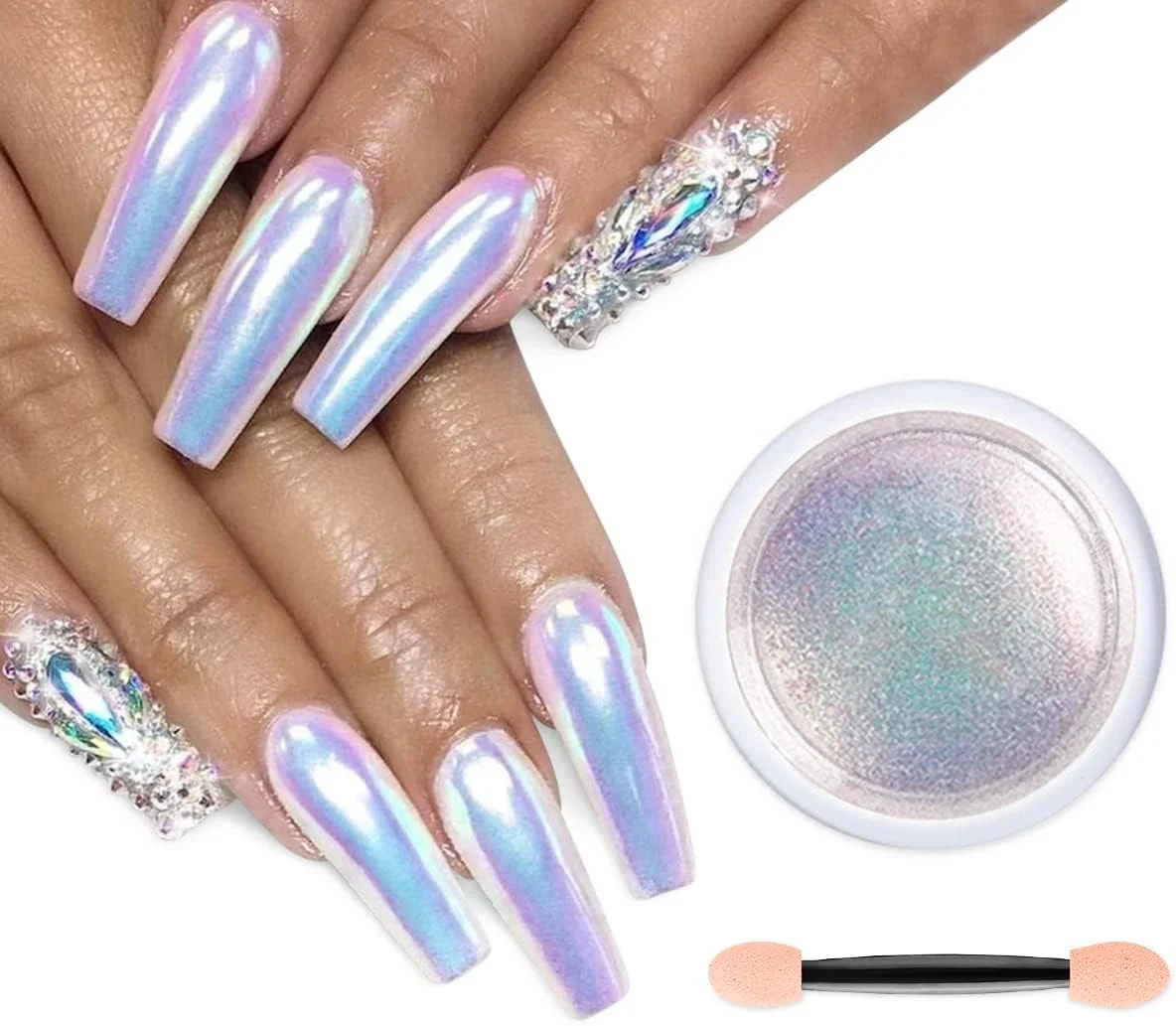 پودر کروم ناخن تک شاخ، یک شیشه پودر مرواریدی رنگین کمانی با جلوه آینه ای متالیک، پودر اکلیل سفید صدفی پری دریایی، پودر رنگدانه شفق قطبی برای طراحی و تزئین ناخن به همراه ابزار پودر کروم ناخن تک شاخ، یک شیشه پودر مرواریدی رنگین کمانی با جلوه آینه ای متالیک، پودر اکلیل سفید صدفی پری دریایی، پودر رنگدانه شفق قطبی برای طراحی و تزئین ناخن به همراه ابزار