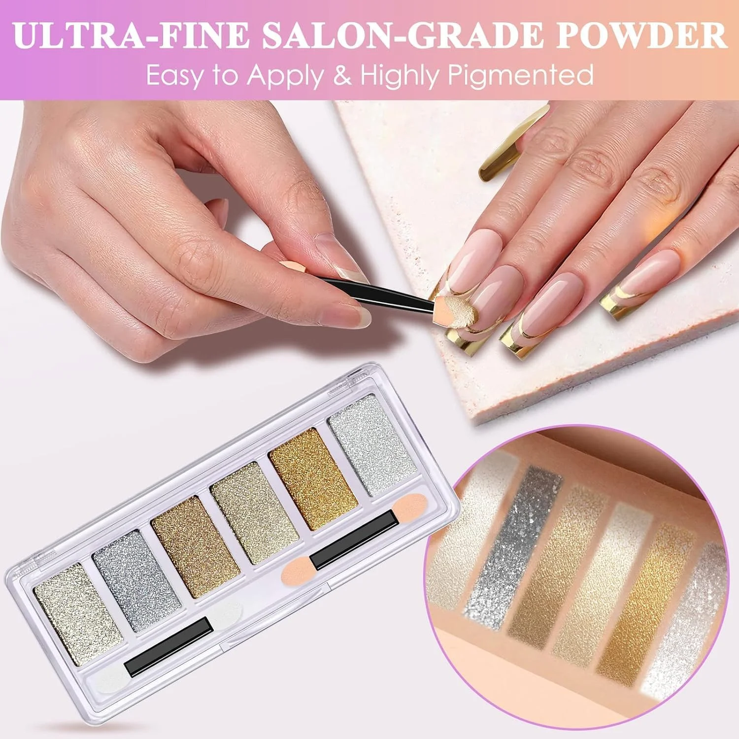 پودر ناخن کروم طلایی نقره ای، پودر کروم هولوگرافیک رنگین کمانی تک شاخ 6 رنگ برای ناخن ها، پودر پیگمنت پالت کروم هنر ناخن شامپاین طلایی روشن با جلوه متالیک آینه ای