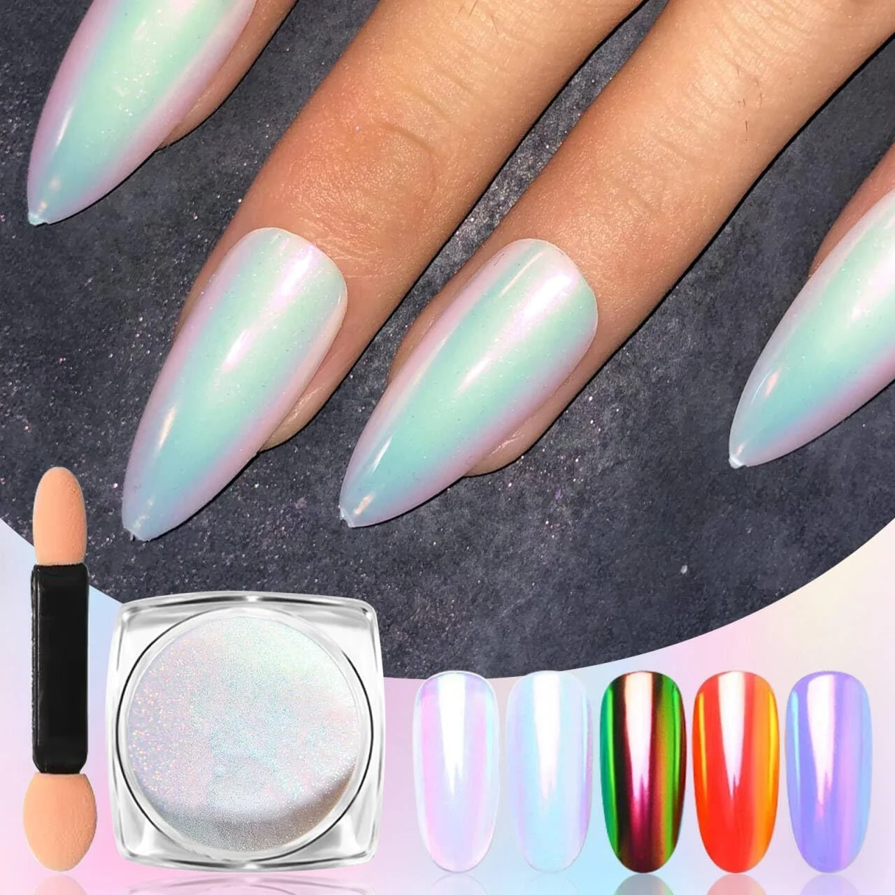 پودر اکلیل ناخن هولوگرافیک، رنگین کمانی، نئون، تزئین ناخن، کروم، نوک ناخن، مانیکور (1 جعبه)