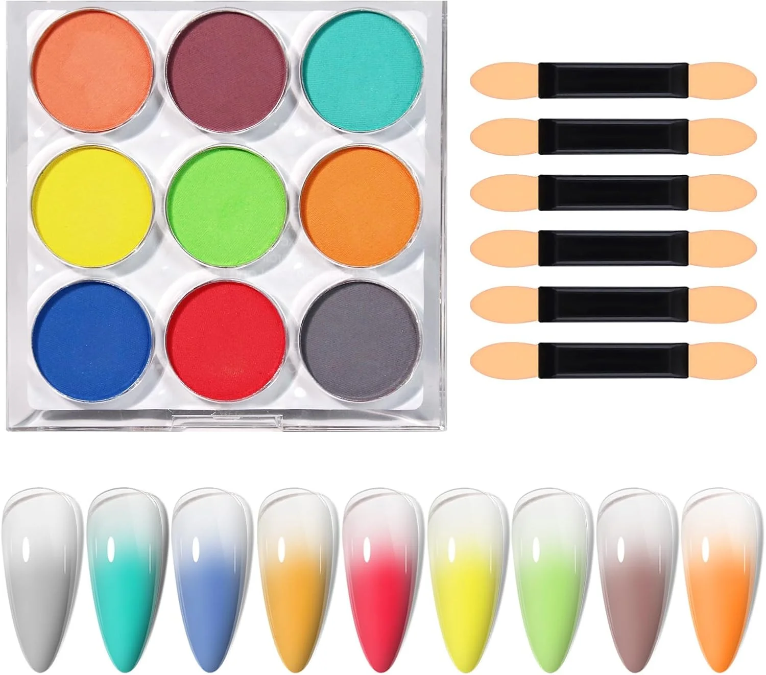 پودر ناخن رنگارنگ U-Shinein، پودر ناخن گرادیانی رنگی، پودر نئون ناخن 9 رنگ، پودر پیگمنت ناخن با اسفنج، پودر اکلیلی ناخن برای طراحی ناخن، 01