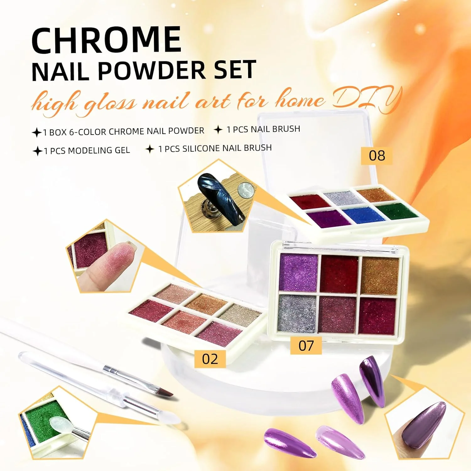 ست پودر کروم ناخن U-Shinein، 6 رنگ پودر اکلیل کروم، کیت پودر کروم متالیک، ست پودر آینه ای هنر ناخن، ژل مدلینگ نیمه جامد، برس سیلیکونی ناخن برای طراحی ناخن، 07
