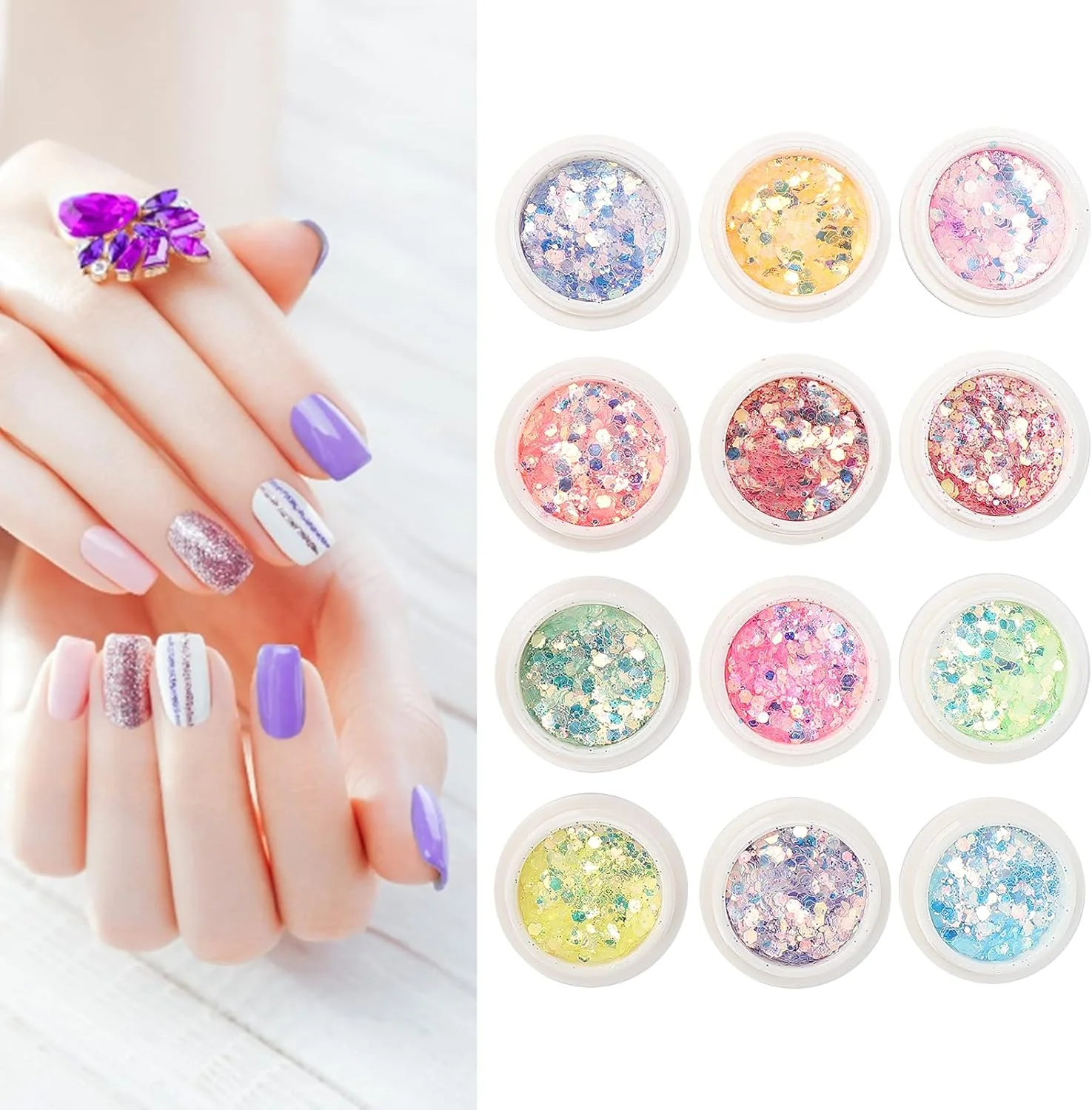 اکلیل لوازم طراحی ناخن، پولک اکلیل ناخن، 12 جعبه پولک طراحی ناخن، پودر پولک اکلیل طراحی ناخن، تزئینات مانیکور، طراحی DIY، تزئینات مانیکور برای آرایش هنری ناخن