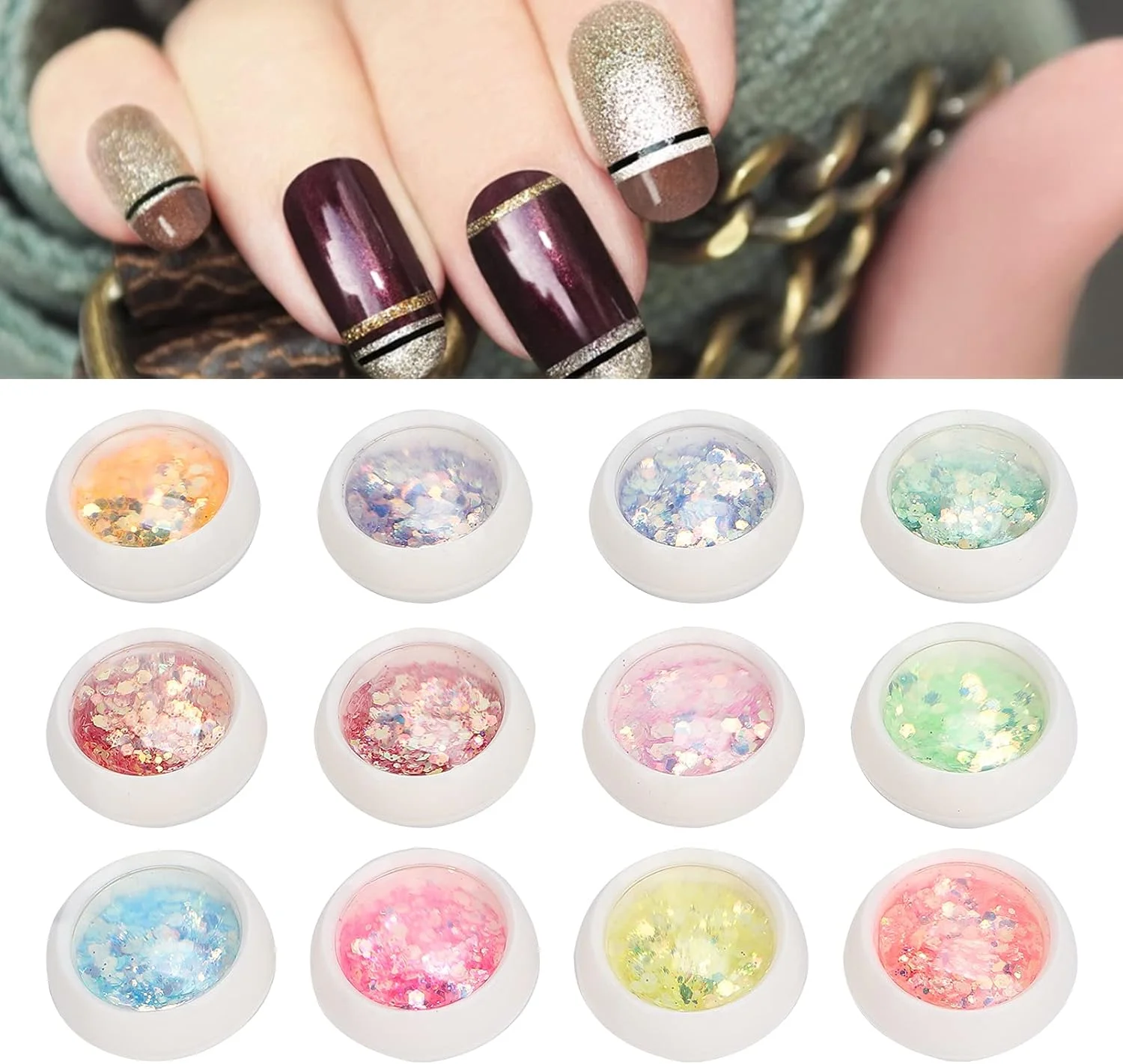 اکلیل لوازم طراحی ناخن، پولک اکلیل ناخن، 12 جعبه پولک طراحی ناخن، پودر پولک اکلیل طراحی ناخن، تزئینات مانیکور، طراحی DIY، تزئینات مانیکور برای آرایش هنری ناخن