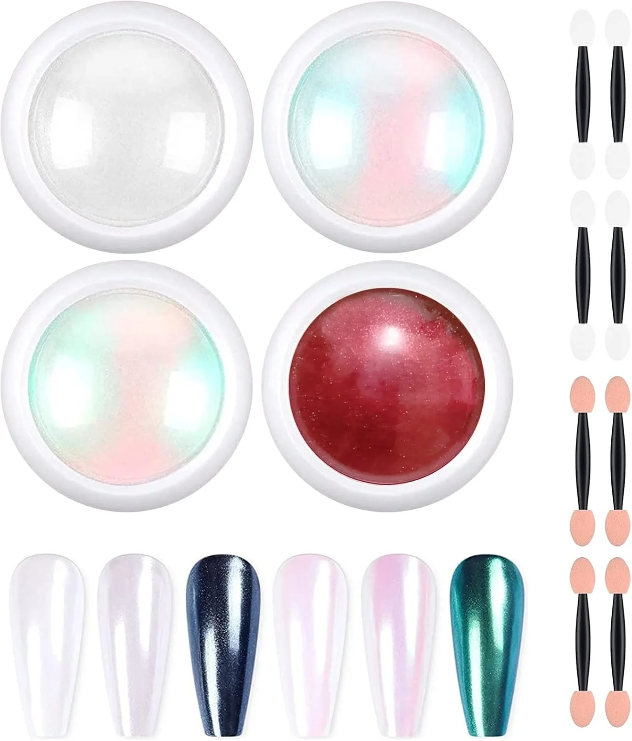 پودر ناخن کروم Suxgumoe، 4 جعبه پودر ناخن با جلوه آینه ای متالیک، پودر پیگمنت مرواریدی سفید شفق قطبی پری دریایی، گرد و غبار اکلیلی هولوگرافیک برای تزئین هنر ناخن