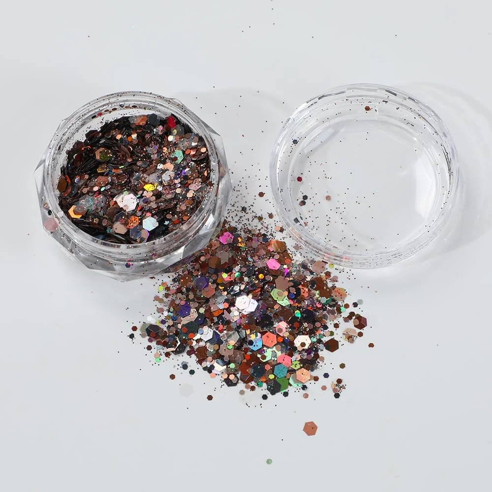 پولک های اکلیلی طراحی ناخن، پودر پولک طلایی، اکلیل لیزری شش ضلعی، آرایش لوازم آرایشی صورت، بدن و مو (مشکی)