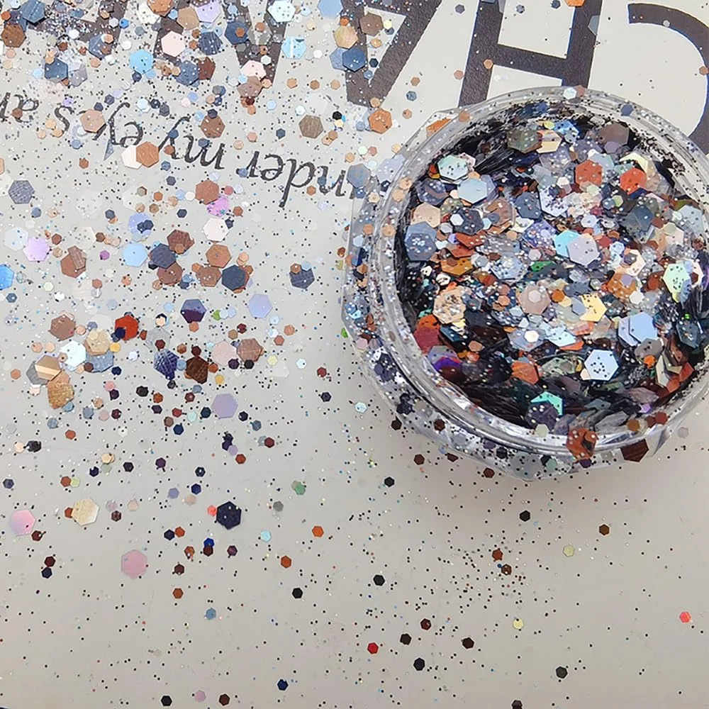 پولک های اکلیلی طراحی ناخن، پودر پولک طلایی، اکلیل لیزری شش ضلعی، آرایش لوازم آرایشی صورت، بدن و مو (مشکی) پولک های اکلیلی طراحی ناخن، پودر پولک طلایی، اکلیل لیزری شش ضلعی، آرایش لوازم آرایشی صورت، بدن و مو (مشکی)