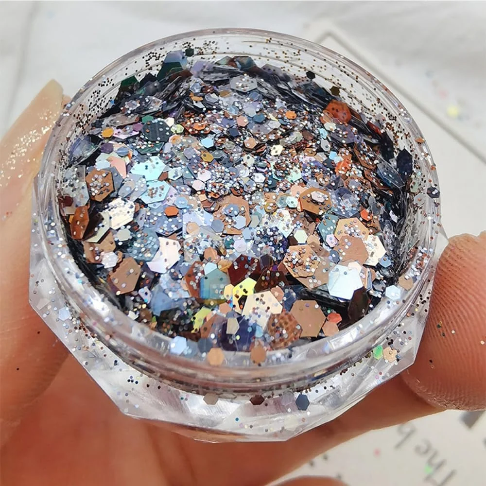 پولک های اکلیلی طراحی ناخن، پودر پولک طلایی، اکلیل لیزری شش ضلعی، آرایش لوازم آرایشی صورت، بدن و مو (مشکی) پولک های اکلیلی طراحی ناخن، پودر پولک طلایی، اکلیل لیزری شش ضلعی، آرایش لوازم آرایشی صورت، بدن و مو (مشکی)