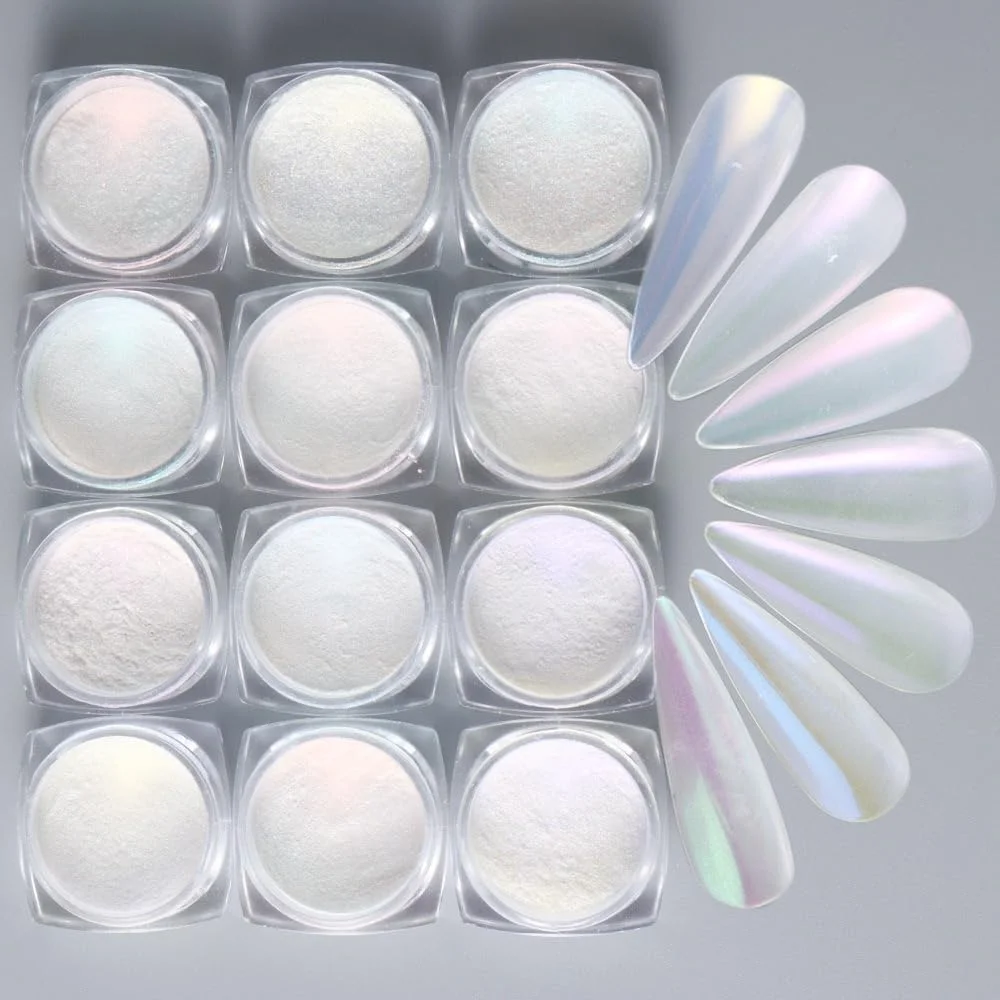 پودر ناخن کروم مرواریدی سفید آزونه 12 رنگ، جلوه آینه‌ای شفق قطبی، درخشش یخی، پودر اکلیلی جواهرات ناخن صدفی جادویی، رنگدانه هولوگرافیک، سمفونی پری دریایی، نئون یخی، پودر شفق قطبی