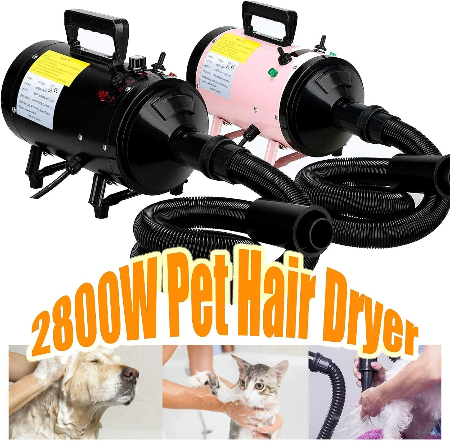 دستگاه خشک کن سگ و گربه WYJW 2800W، خشک کن سریع، سشوار قدرتمند حیوانات خانگی، سرعت باد قابل تنظیم، کم صدا با شلنگ انعطاف پذیر 2.5 متری و 3 نازل رایگان - مشکی