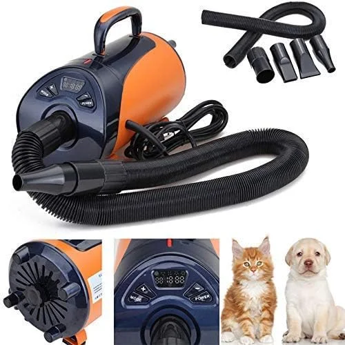 سشوار 2800 واتی سگ و گربه، خشک کن موی حیوانات خانگی با نمایشگر LED، 8 سطح سرعت، دمنده، بخاری، موتور پرسرعت، خشک کن موتور سیکلت کم صدا به همراه 3 نازل و شلنگ