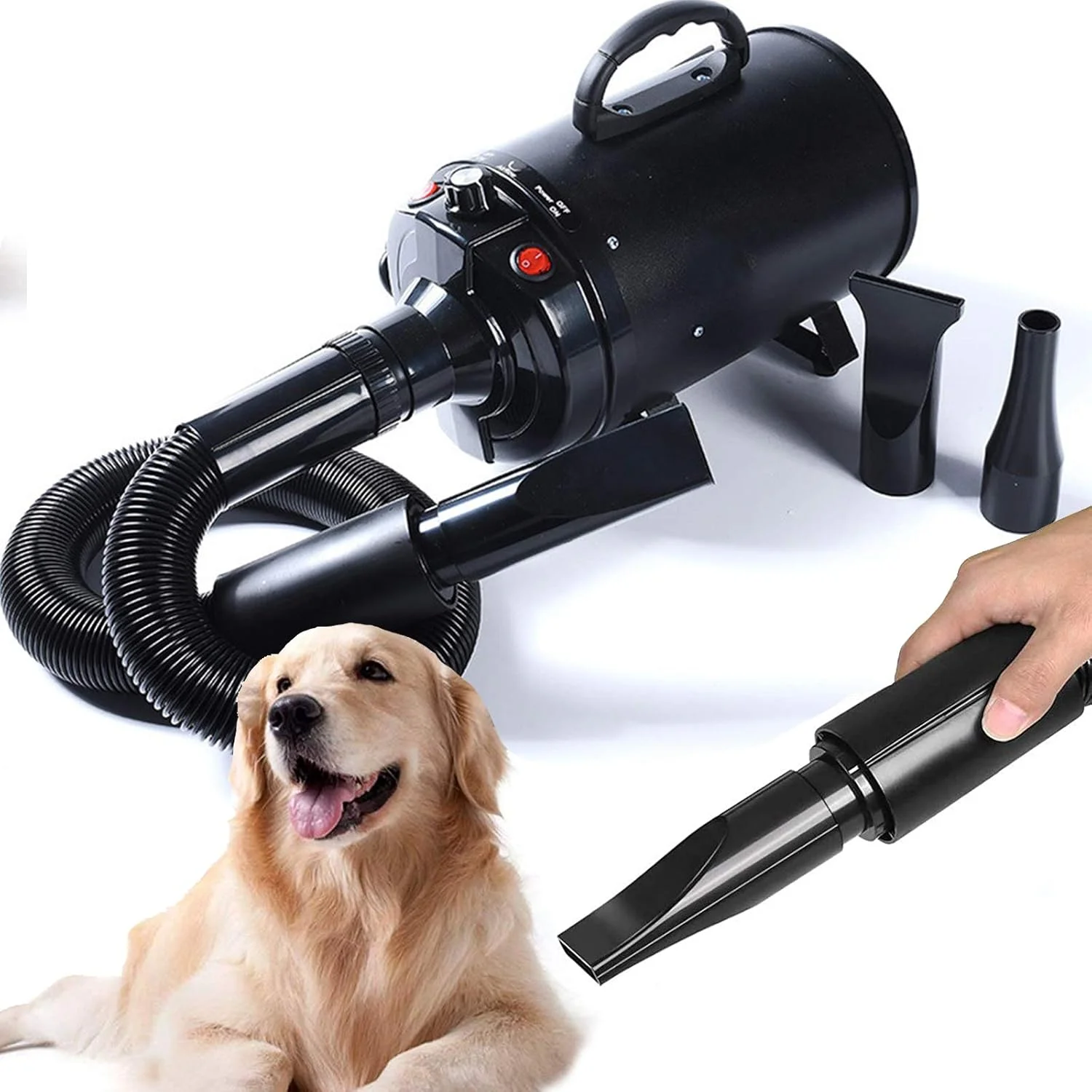 سشوار سگ 2400 واتی، سشوار حرفه ای پر سرعت برای خشک کردن حیوانات خانگی، دمنده موی حیوانات خانگی با سرعت قابل تنظیم پیوسته به همراه سیستم حرارتی، شلنگ فنری و 3 نازل مختلف