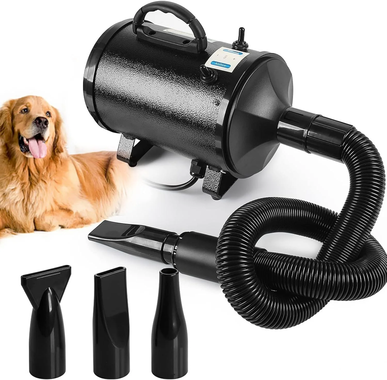 سشوار مو سگ PJDDP، سشوار حرفه ای برای آراستن سگ، سشوار دمنده برای حیوانات خانگی سگ و گربه با دمای قابل تنظیم، سشوار رطوبت گیر سریع، 3 نازل مختلف و شلنگ قابل افزایش