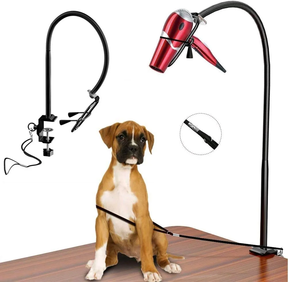 پایه نگهدارنده سشوار حیوانات خانگی، چرخش 360 درجه، نگهدارنده سشوار حرفه ای با گیره قابل تنظیم و حلقه نظافت سگ، بازوی سوم برای حالت دادن به مو برای استفاده با میز نظافت سگ