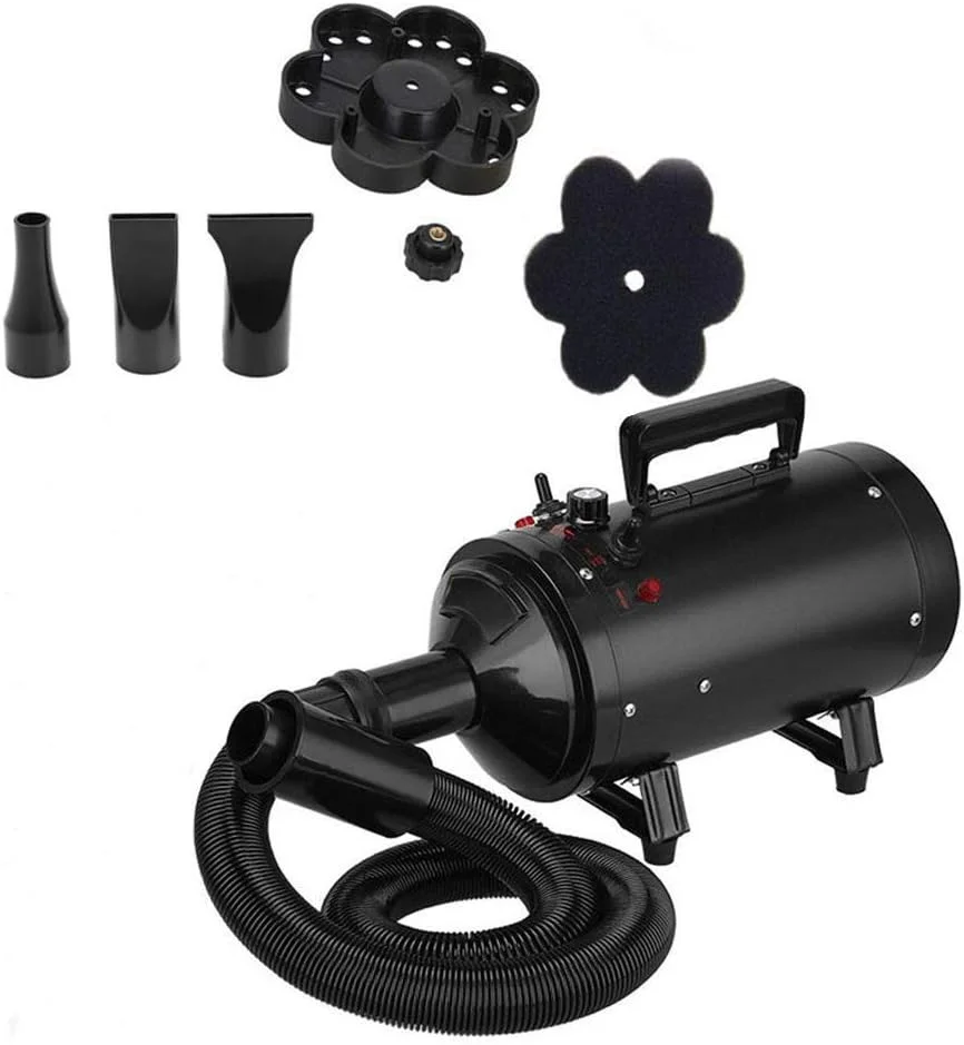 سشوار موی حیوانات خانگی، سشوار 2800 واتی با سرعت قابل تنظیم برای خشک کردن و نظافت سگ، دمنده حرفه ای با 3 نازل مختلف / شلنگ 2.5 متری، سیستم حرارتی، مشکی