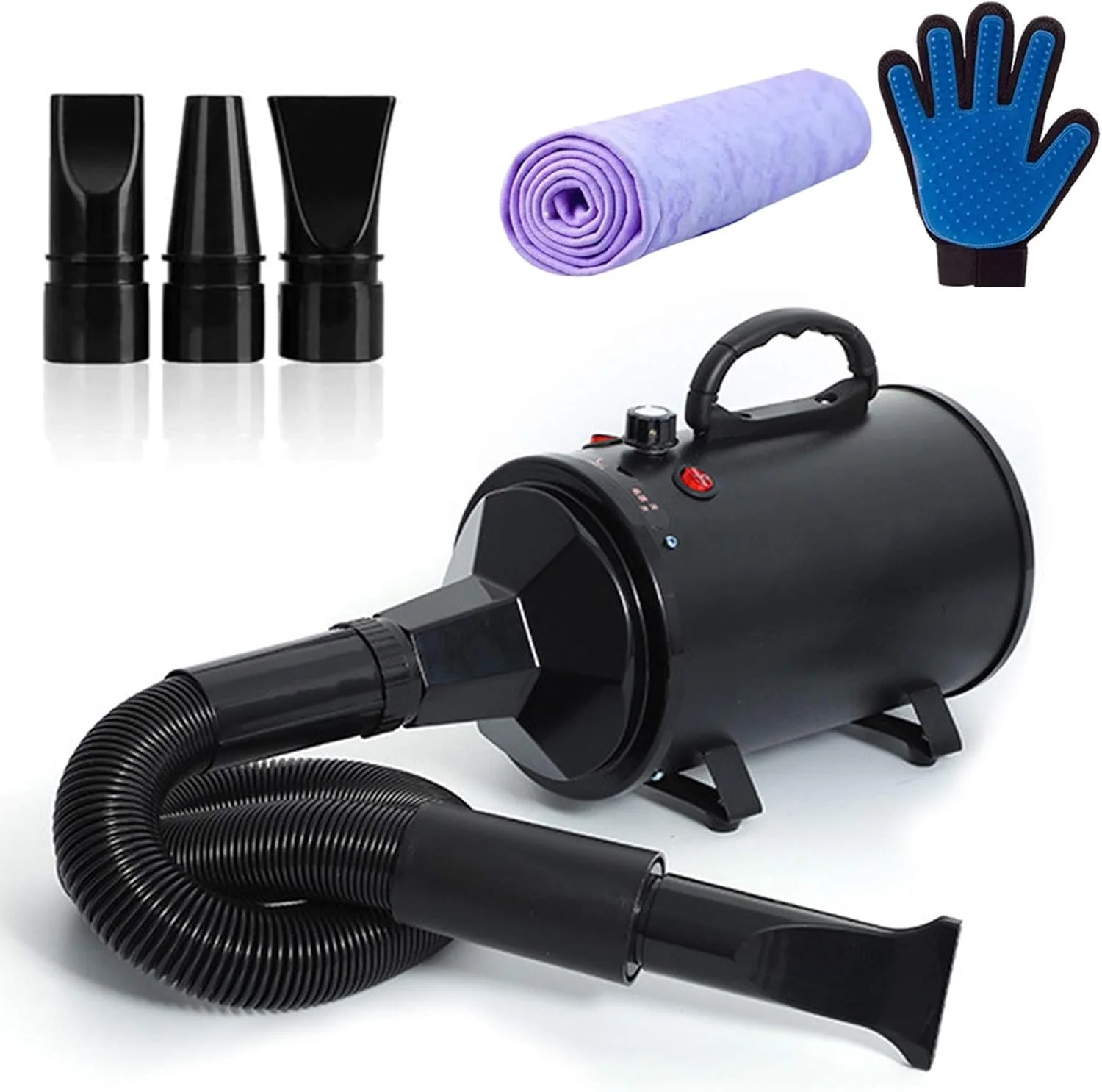 خشک کن سگ، خشک کن موی سگ با سرعت قابل تنظیم پیوسته 2000 وات، دمنده خشک کن حرفه ای برای نظافت سگ خانگی، 3 نازل مختلف، دمای قابل تنظیم (30 درجه سانتیگراد - 55 درجه سانتیگراد) به همراه دستکش و حوله، مشکی