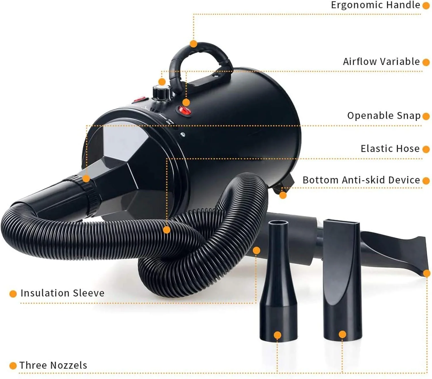 خشک کن سگ، خشک کن موی سگ با سرعت قابل تنظیم پیوسته 2000 وات، دمنده خشک کن حرفه ای برای نظافت سگ خانگی، 3 نازل مختلف، دمای قابل تنظیم (30 درجه سانتیگراد - 55 درجه سانتیگراد) به همراه دستکش و حوله، مشکی
