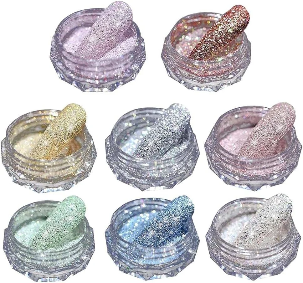 ست 8 رنگ پودر الماس کریستالی طراحی ناخن، پولک های اکلیلی ترکیده. پودر آینه ای، اکلیل هولوگرافیک، پودر کروم آفتاب پرست، پودر مروارید پری دریایی، تزئینات سه بعدی DIY هنر ناخن