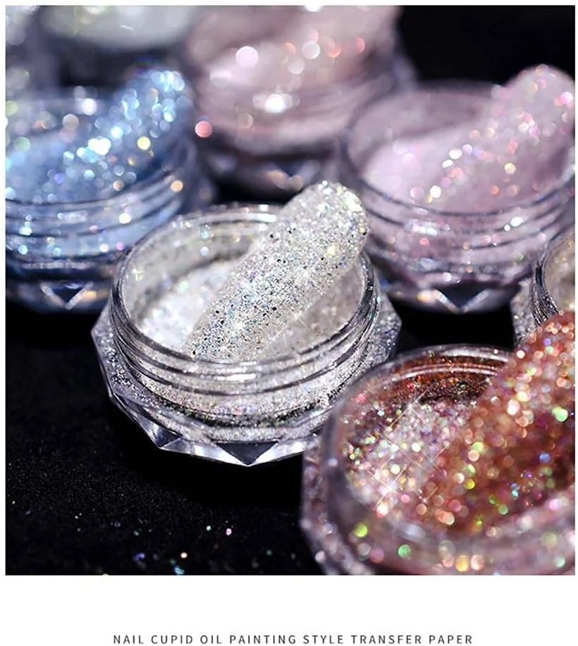 ست 8 رنگ پودر الماس کریستالی طراحی ناخن، پولک های اکلیلی. پودر آینه ای، اکلیل هولوگرافیک، پودر کروم آفتاب پرست، پودر مروارید پری دریایی، تزئینات سه بعدی طراحی ناخن