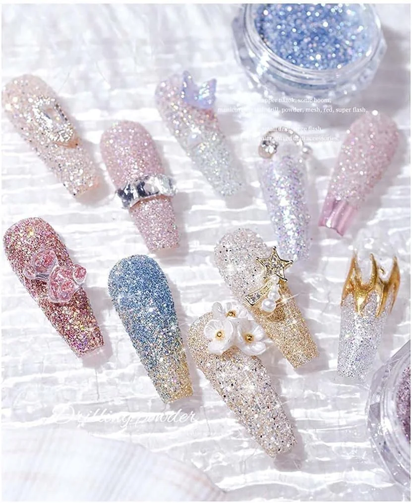 ست 8 رنگ پودر الماس کریستالی طراحی ناخن، پولک های اکلیلی ترکیده. پودر آینه ای، اکلیل هولوگرافیک، پودر کروم آفتاب پرست، پودر مروارید پری دریایی، تزئینات سه بعدی DIY هنر ناخن