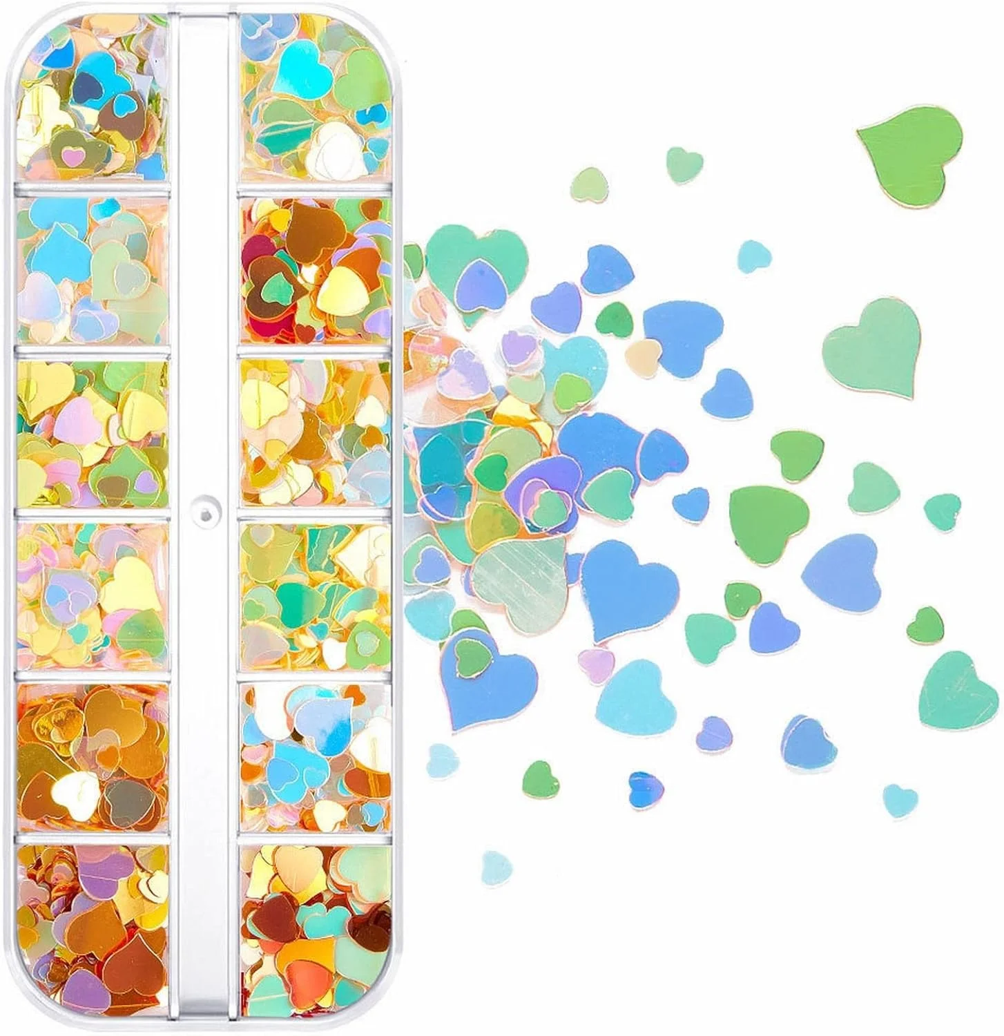 پولک های طراحی ناخن - پولک های ناخن 12 شبکه ای، پولک های قلبی شکل برای طراحی ناخن، پولک های براق صورت برای صنایع دستی، پولک های براق پودری برای طراحی ناخن